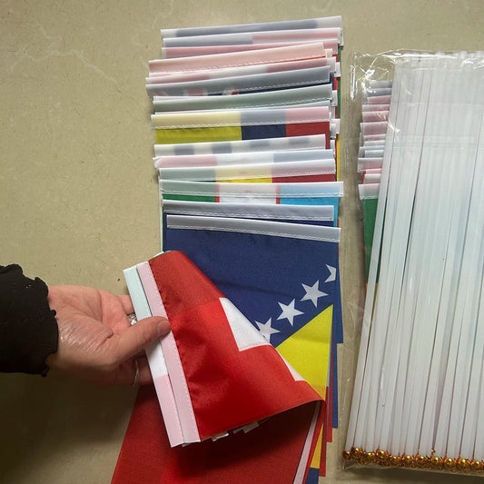 2026 Football World Flag 14x21cm 20x28cm 48pcs Small hand Flag string Flag Hanging Bar Store Supermarket Football cup Event