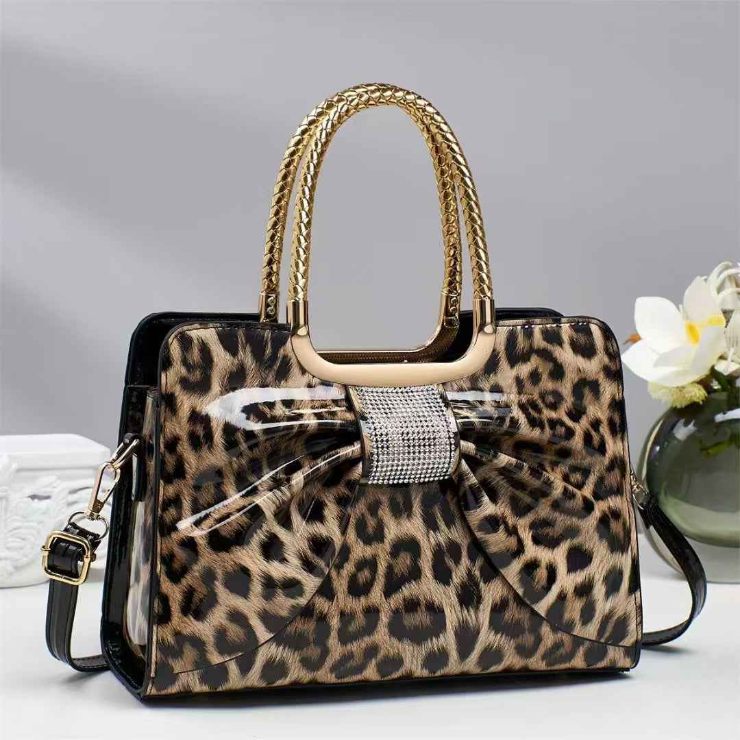 Hot-stone Embellished Fashionable Versatile Chic Leopard-print Womens Bag