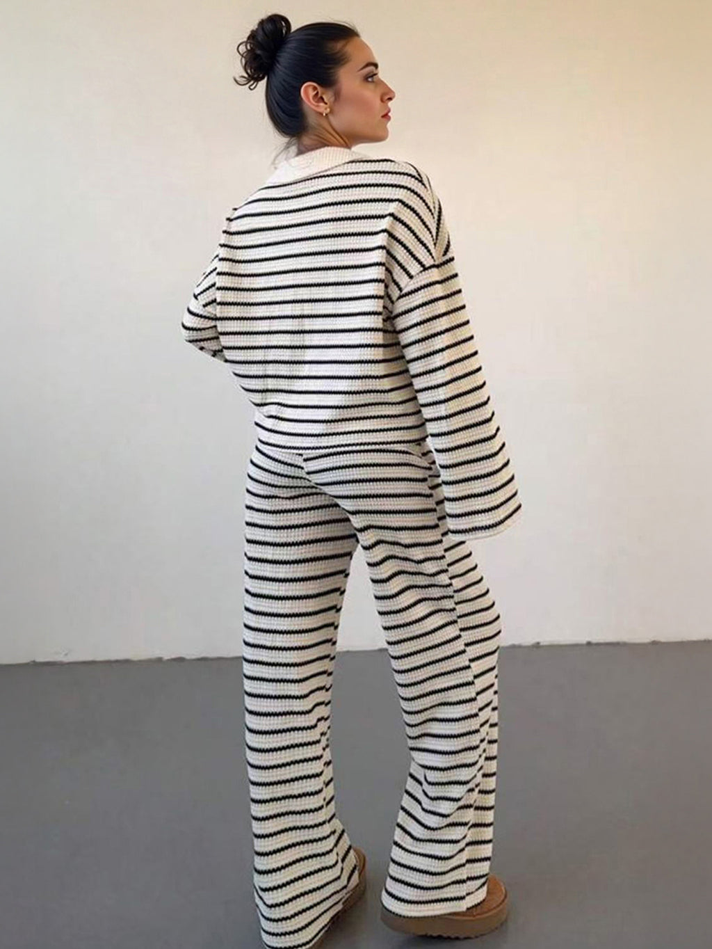 Women'S Color Matching Stripe Long Sleeve Top & Wide Leg Trousers Co-ord, Street Womenswear