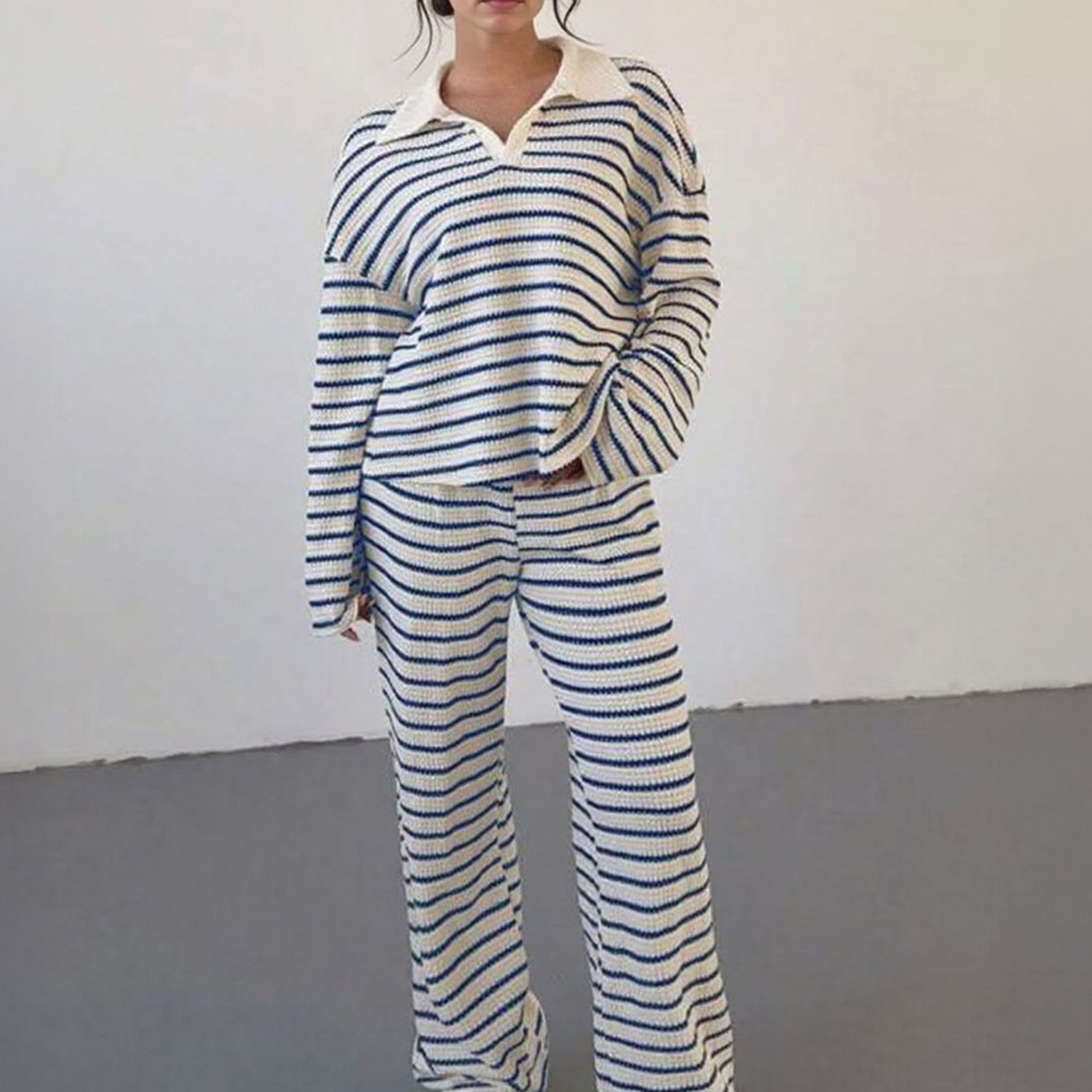 Women'S Color Matching Stripe Long Sleeve Top & Wide Leg Trousers Co-ord, Street Womenswear