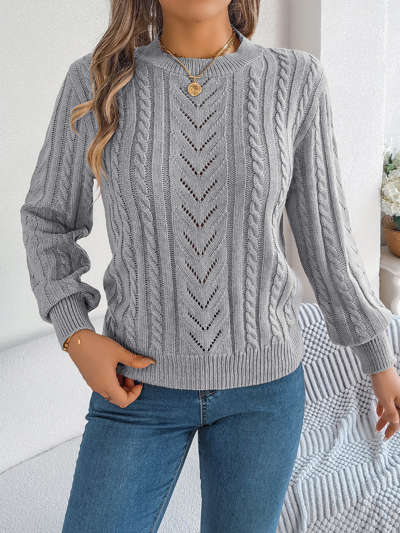 Women Casual Solid Color Hollow Out Lantern Sleeve Pullover Sweater