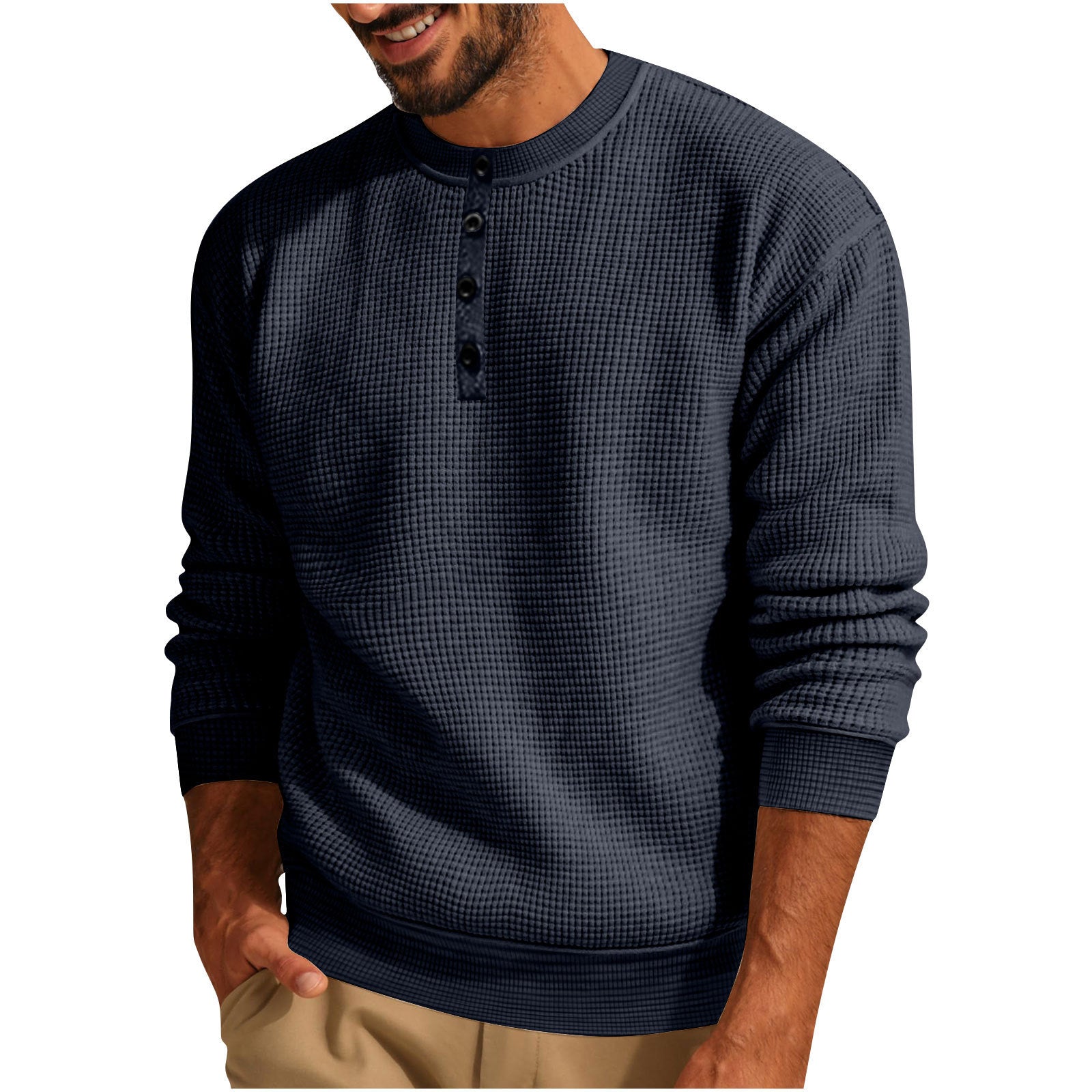Solid Color Loose Casual Round Neck Long Sleeve Waffle Henley Shirt