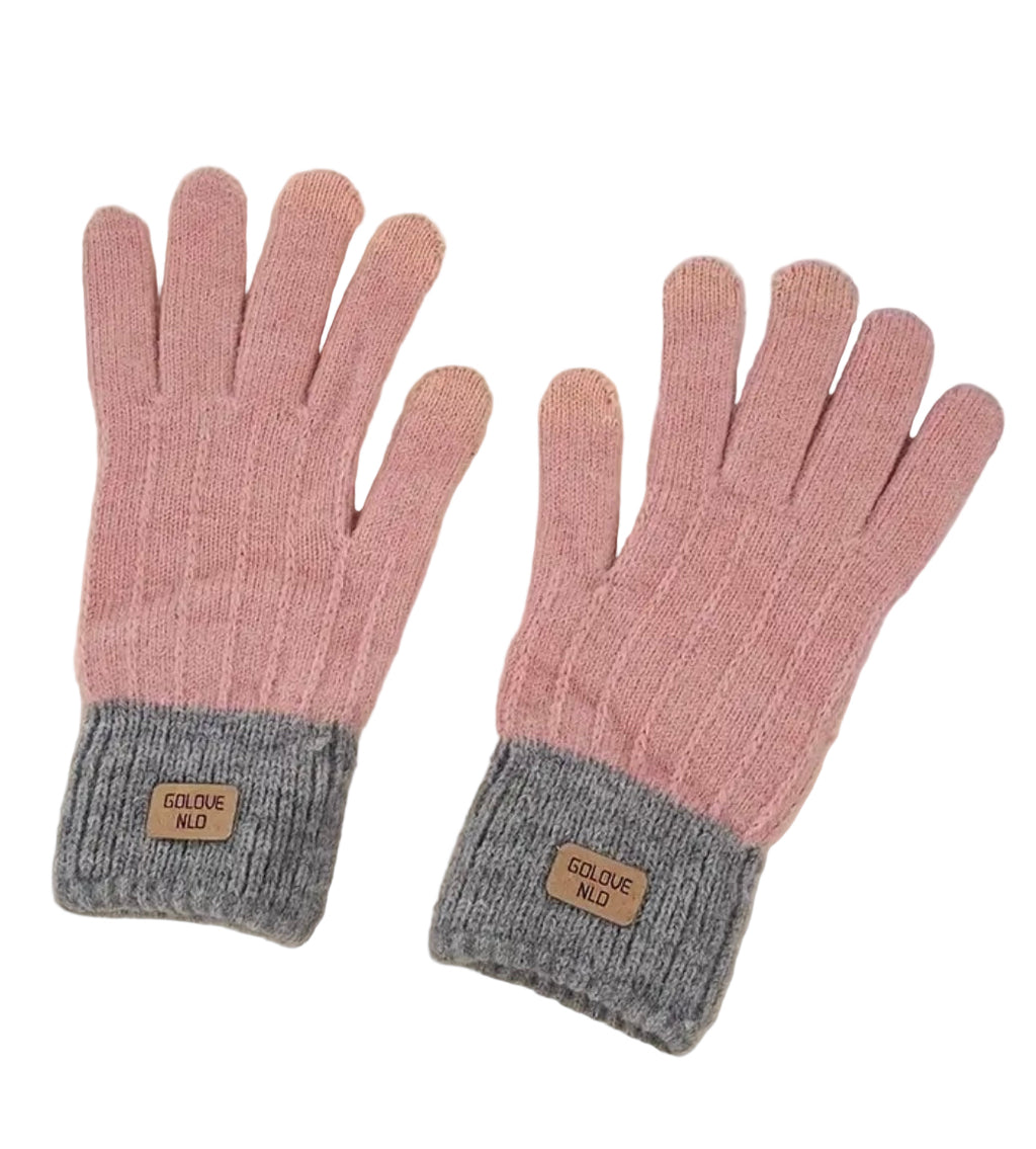 Women’s Thermal Winter Gloves – Soft Thick Knit, Warm Stretch Fabric with Elastic Cuffs (Pink & Brown)
