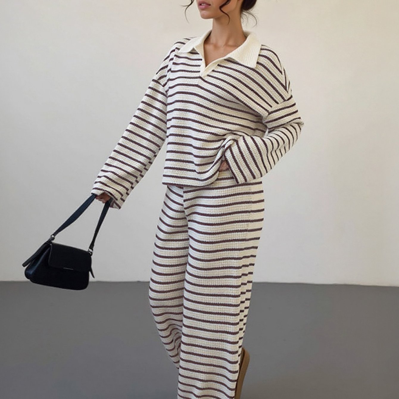Women'S Color Matching Stripe Long Sleeve Top & Wide Leg Trousers Co-ord, Street Womenswear
