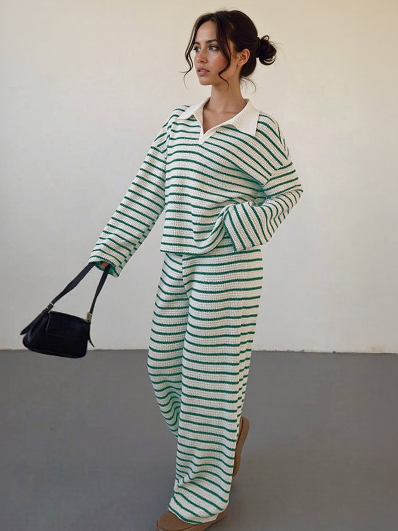 Women'S Color Matching Stripe Long Sleeve Top & Wide Leg Trousers Co-ord, Street Womenswear