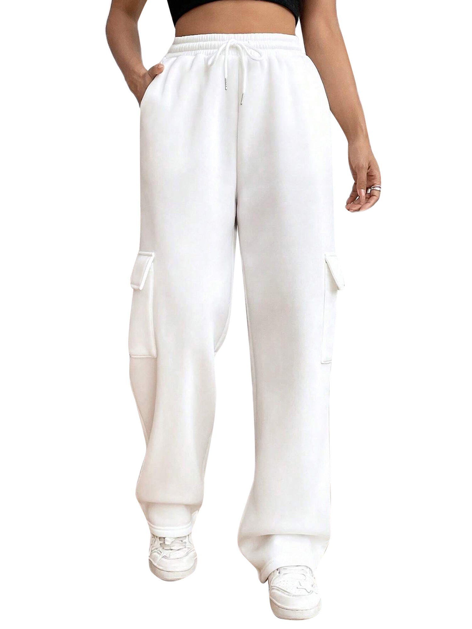 Women'S Cargo Elastic Drawstring Waist Loose Straight Leg Trousers with Pockets - All-Season Casual Joggers