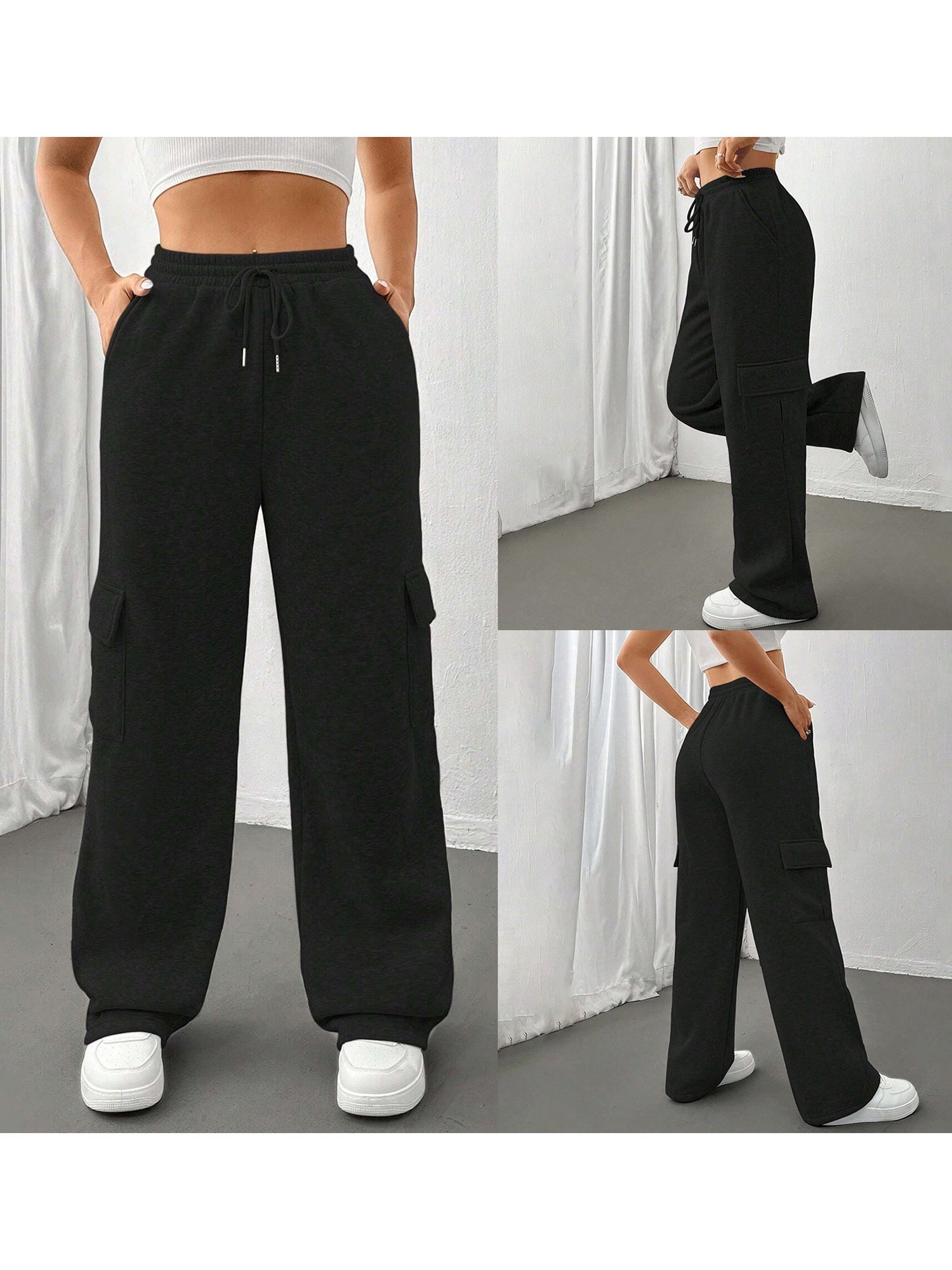 Women'S Cargo Elastic Drawstring Waist Loose Straight Leg Trousers with Pockets - All-Season Casual Joggers