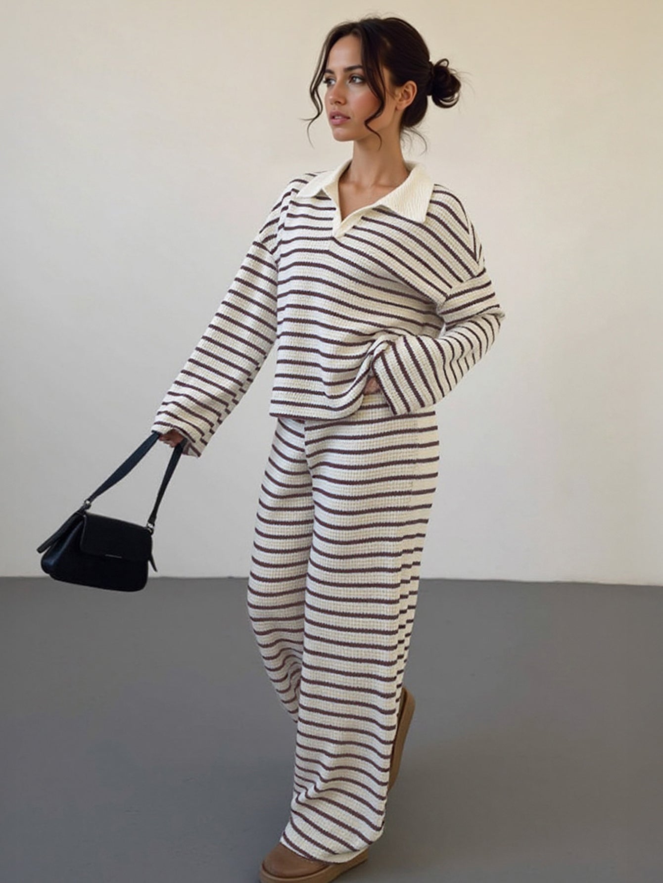Women'S Color Matching Stripe Long Sleeve Top & Wide Leg Trousers Co-ord, Street Womenswear