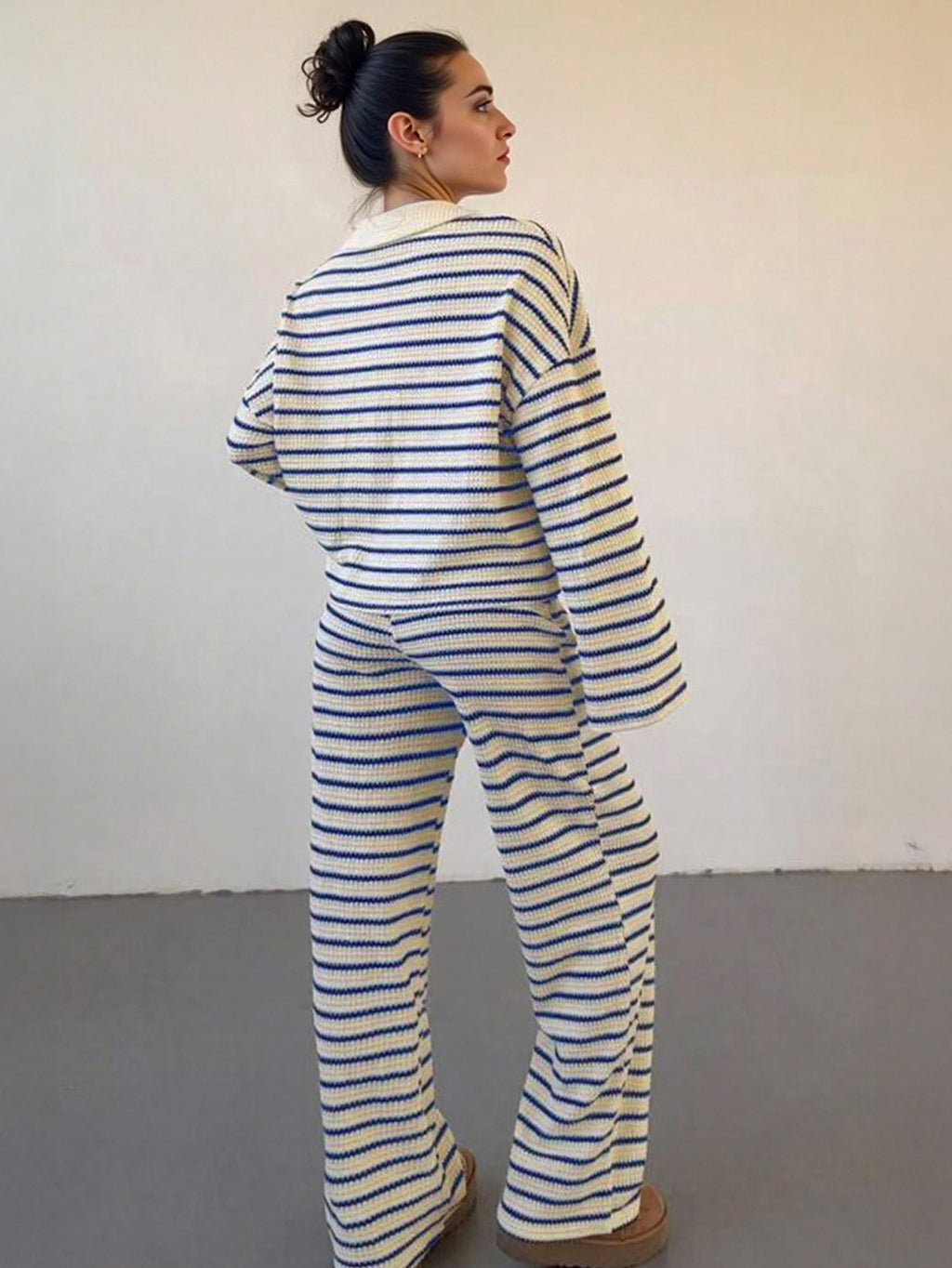 Women'S Color Matching Stripe Long Sleeve Top & Wide Leg Trousers Co-ord, Street Womenswear