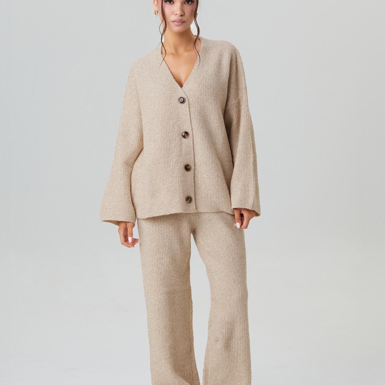 Women'S Slouchy V-Neck Button Long Sleeve Cardigan & Wide Leg Trousers Set | Minimalist Loose Two Piece Outfits, Solid Color, Casual Style, Fall/Winter Collection by KATCH ME