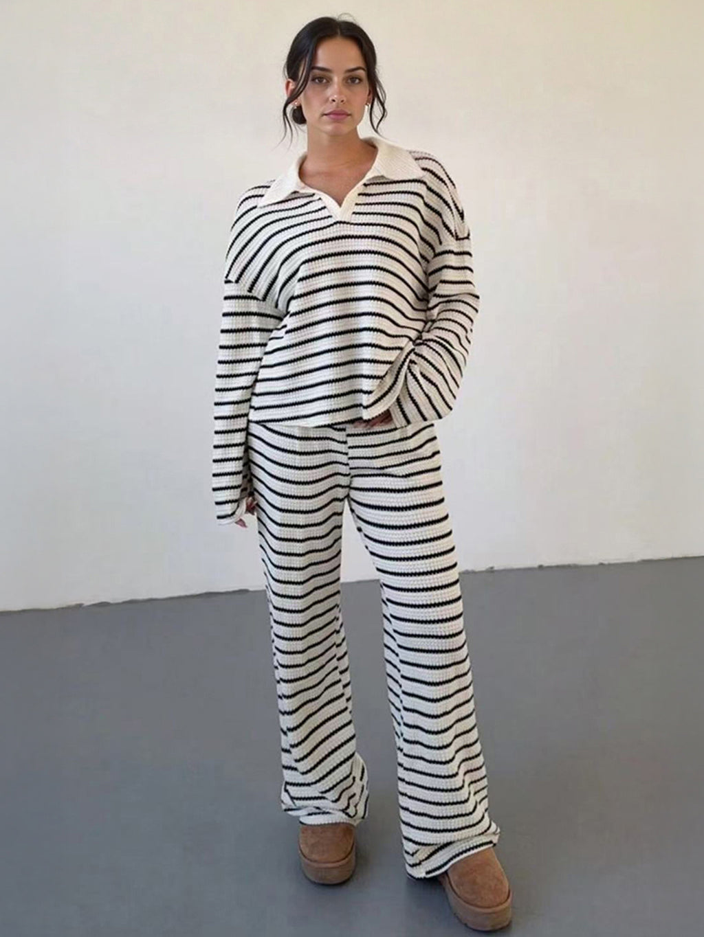 Women'S Color Matching Stripe Long Sleeve Top & Wide Leg Trousers Co-ord, Street Womenswear