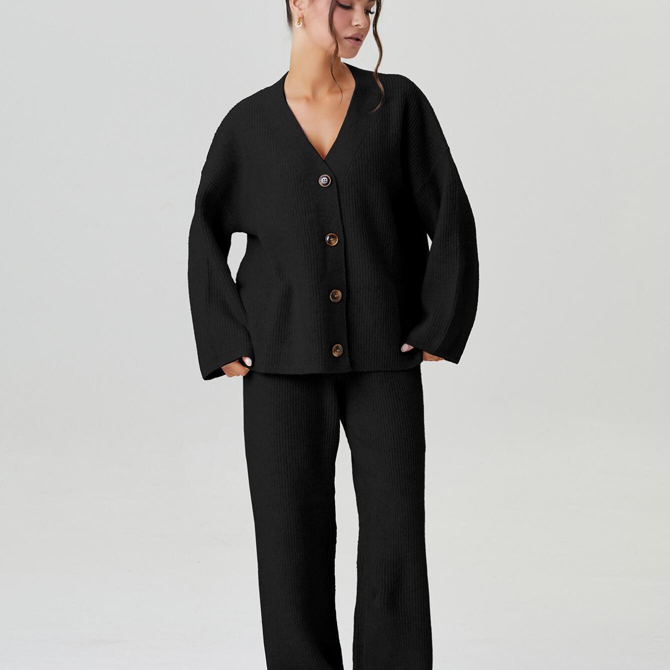 Women'S Slouchy V-Neck Button Long Sleeve Cardigan & Wide Leg Trousers Set | Minimalist Loose Two Piece Outfits, Solid Color, Casual Style, Fall/Winter Collection by KATCH ME