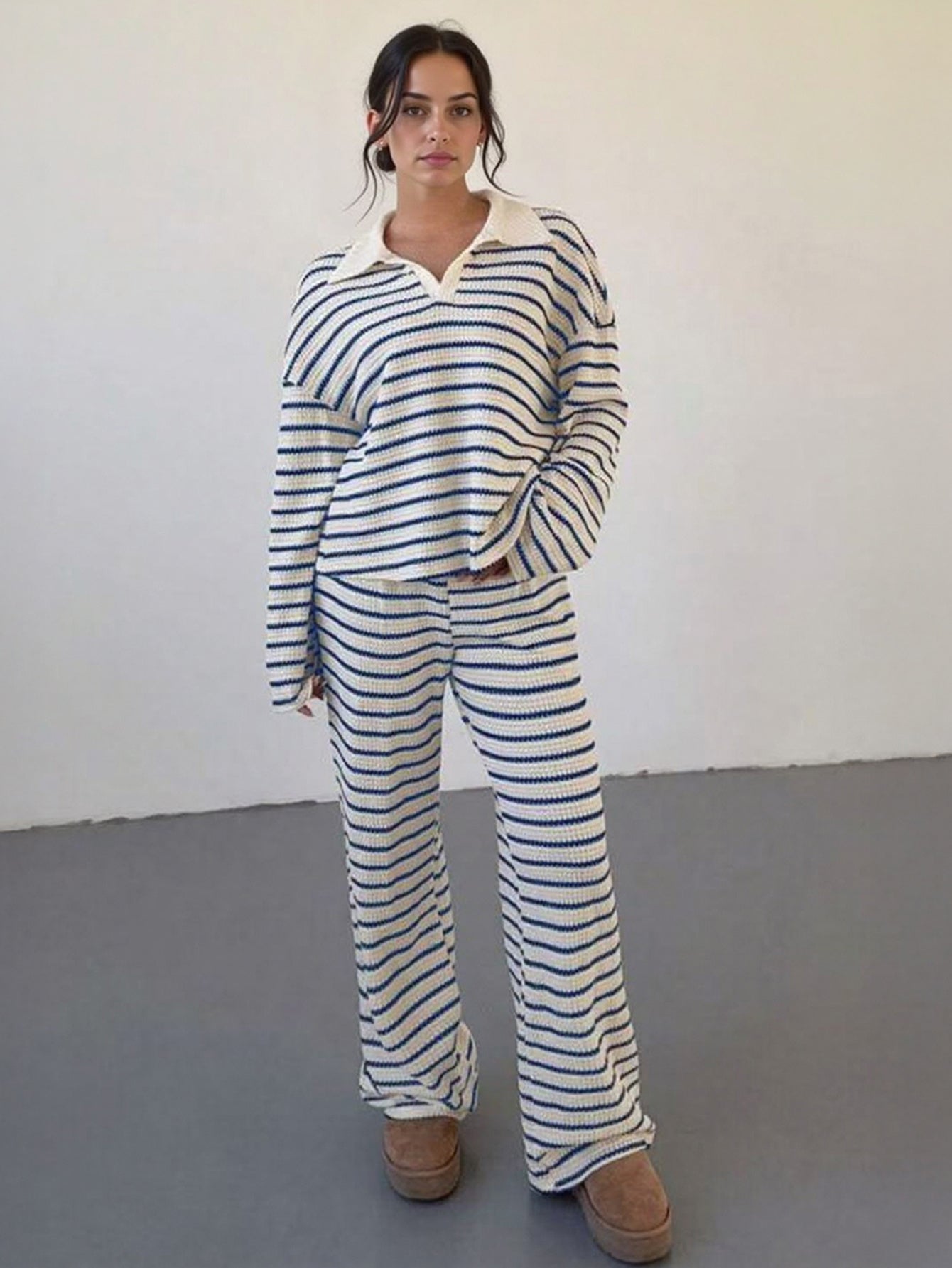 Women'S Color Matching Stripe Long Sleeve Top & Wide Leg Trousers Co-ord, Street Womenswear