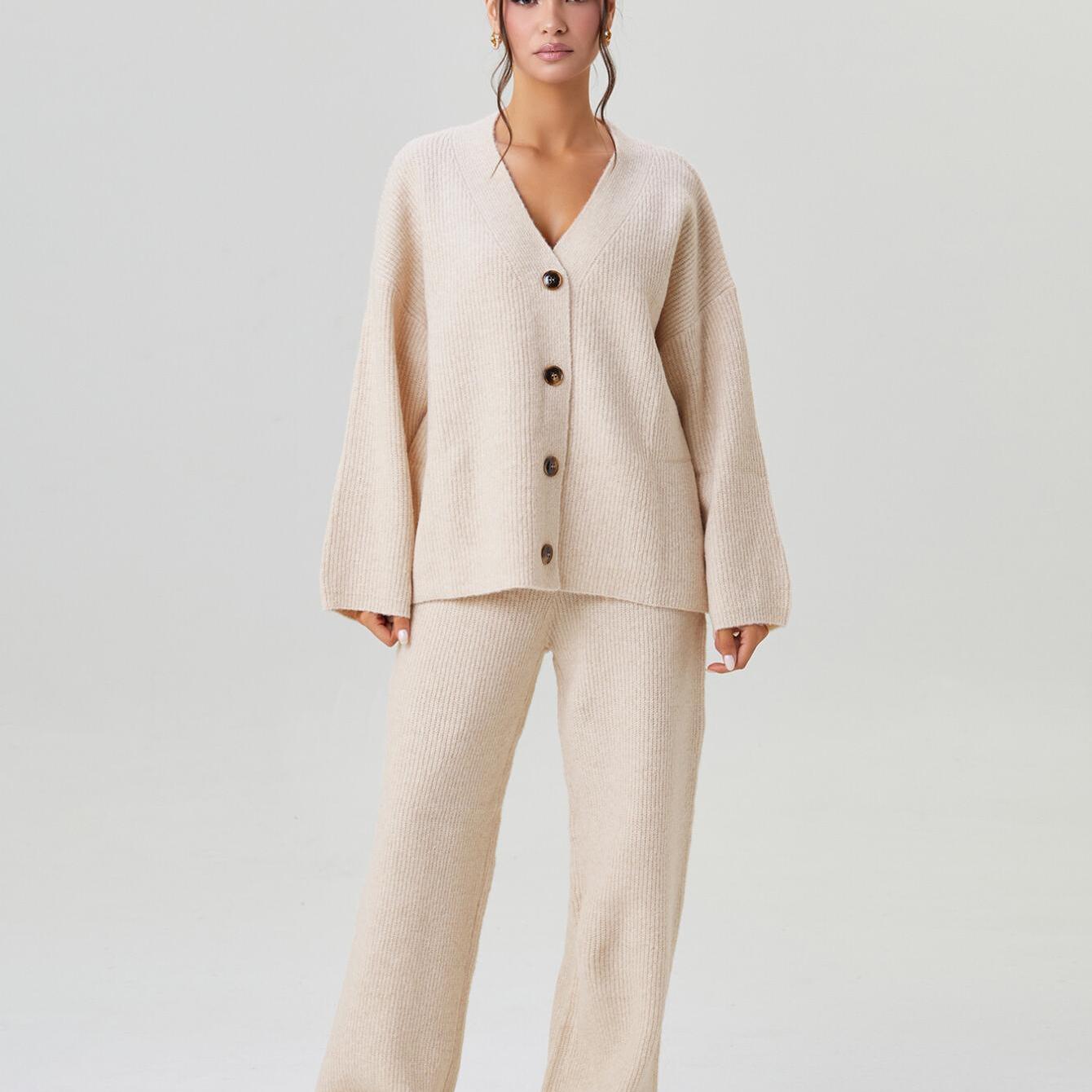 Women'S Slouchy V-Neck Button Long Sleeve Cardigan & Wide Leg Trousers Set | Minimalist Loose Two Piece Outfits, Solid Color, Casual Style, Fall/Winter Collection by KATCH ME