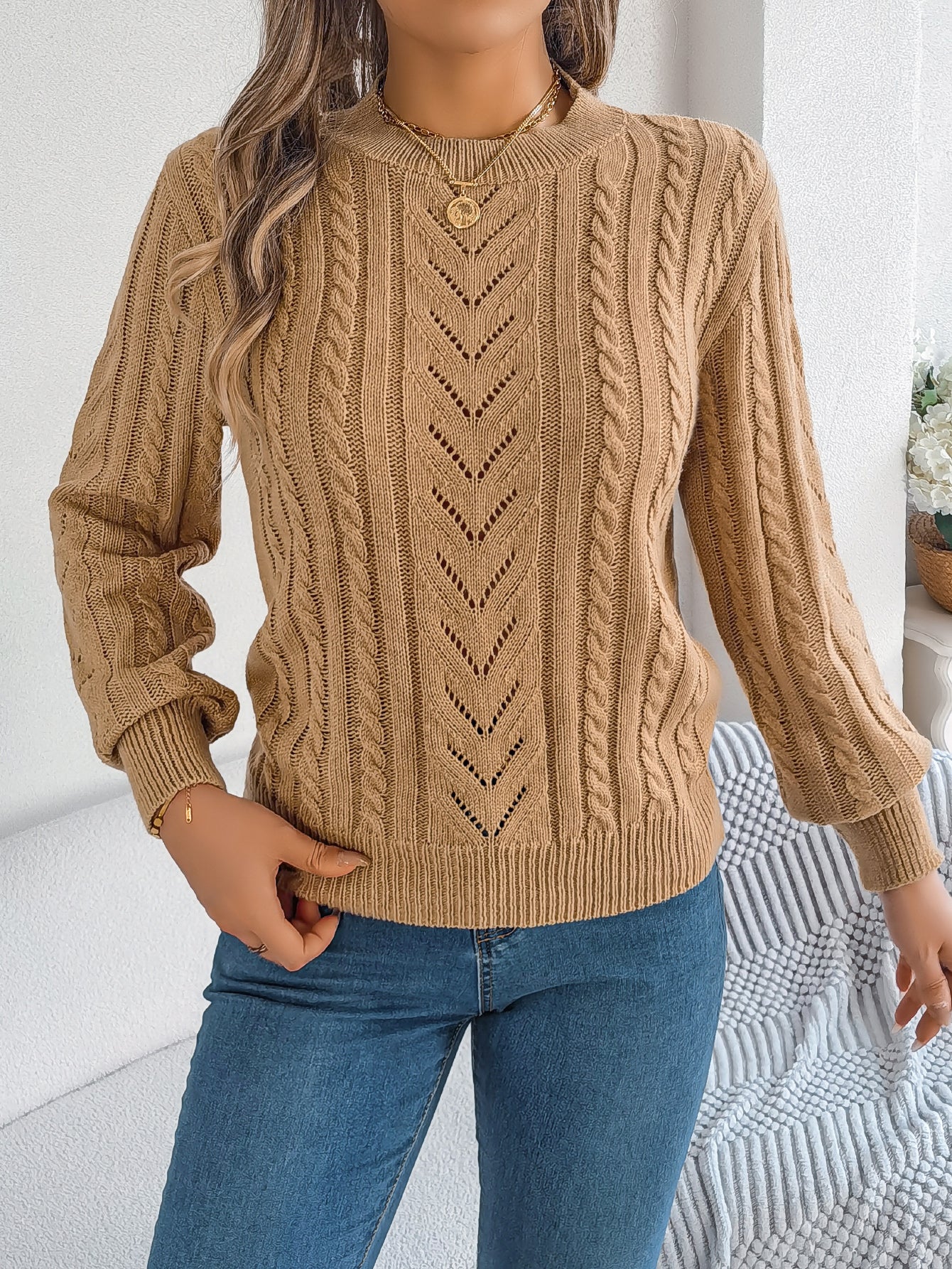 Women Casual Solid Color Hollow Out Lantern Sleeve Pullover Sweater