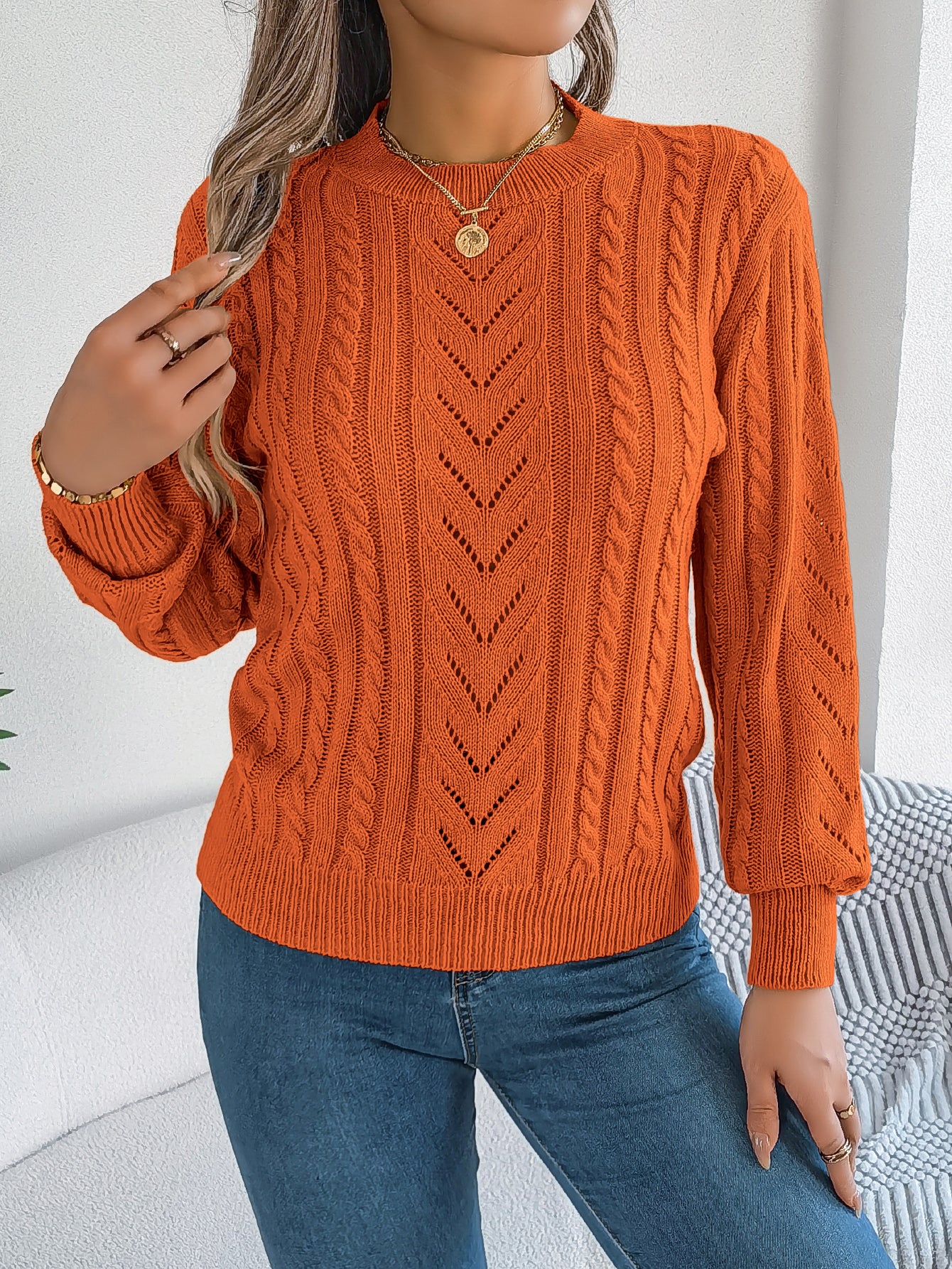 Women Casual Solid Color Hollow Out Lantern Sleeve Pullover Sweater