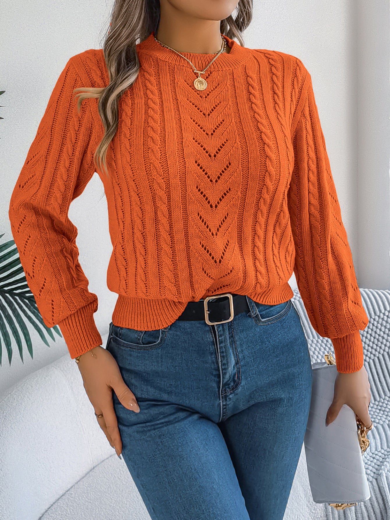 Women Casual Solid Color Hollow Out Lantern Sleeve Pullover Sweater