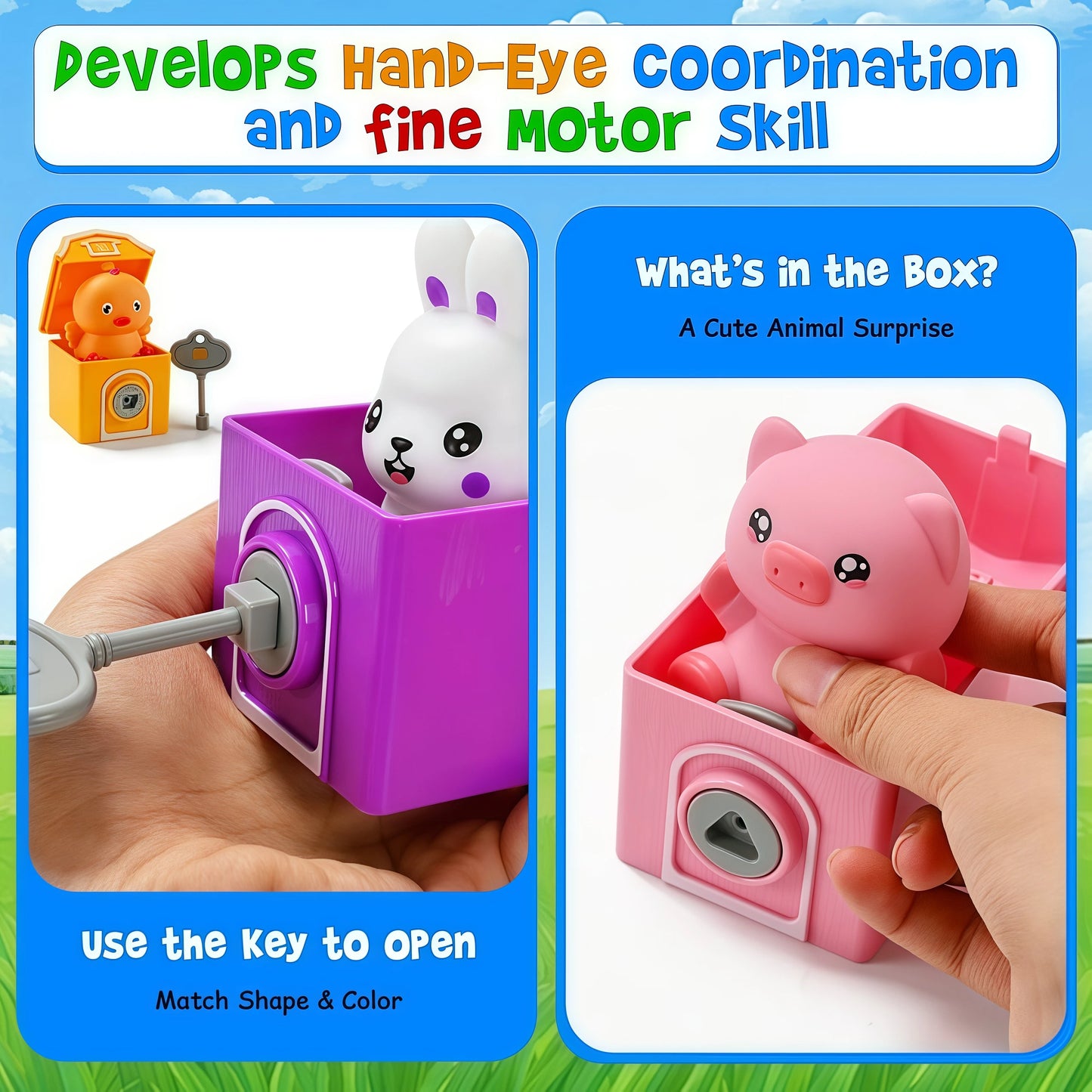 Toddler Learning Toys Farm Animals Train Set with Finger Puppets, Color Matching Toy Unlock Barns Fine Motor Game Counting Toys