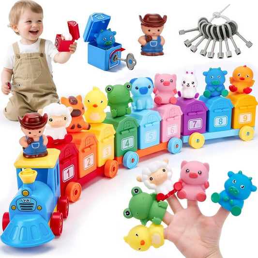 Toddler Learning Toys Farm Animals Train Set with Finger Puppets, Color Matching Toy Unlock Barns Fine Motor Game Counting Toys