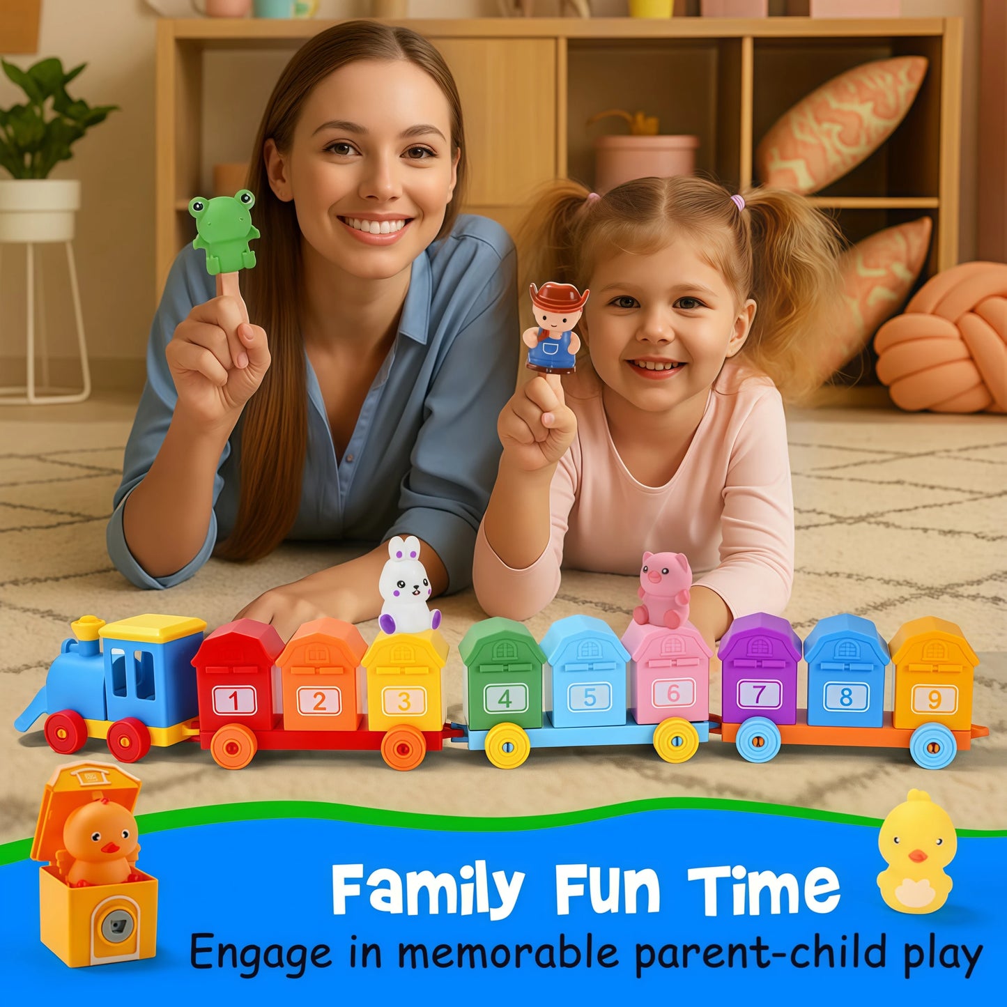 Toddler Learning Toys Farm Animals Train Set with Finger Puppets, Color Matching Toy Unlock Barns Fine Motor Game Counting Toys