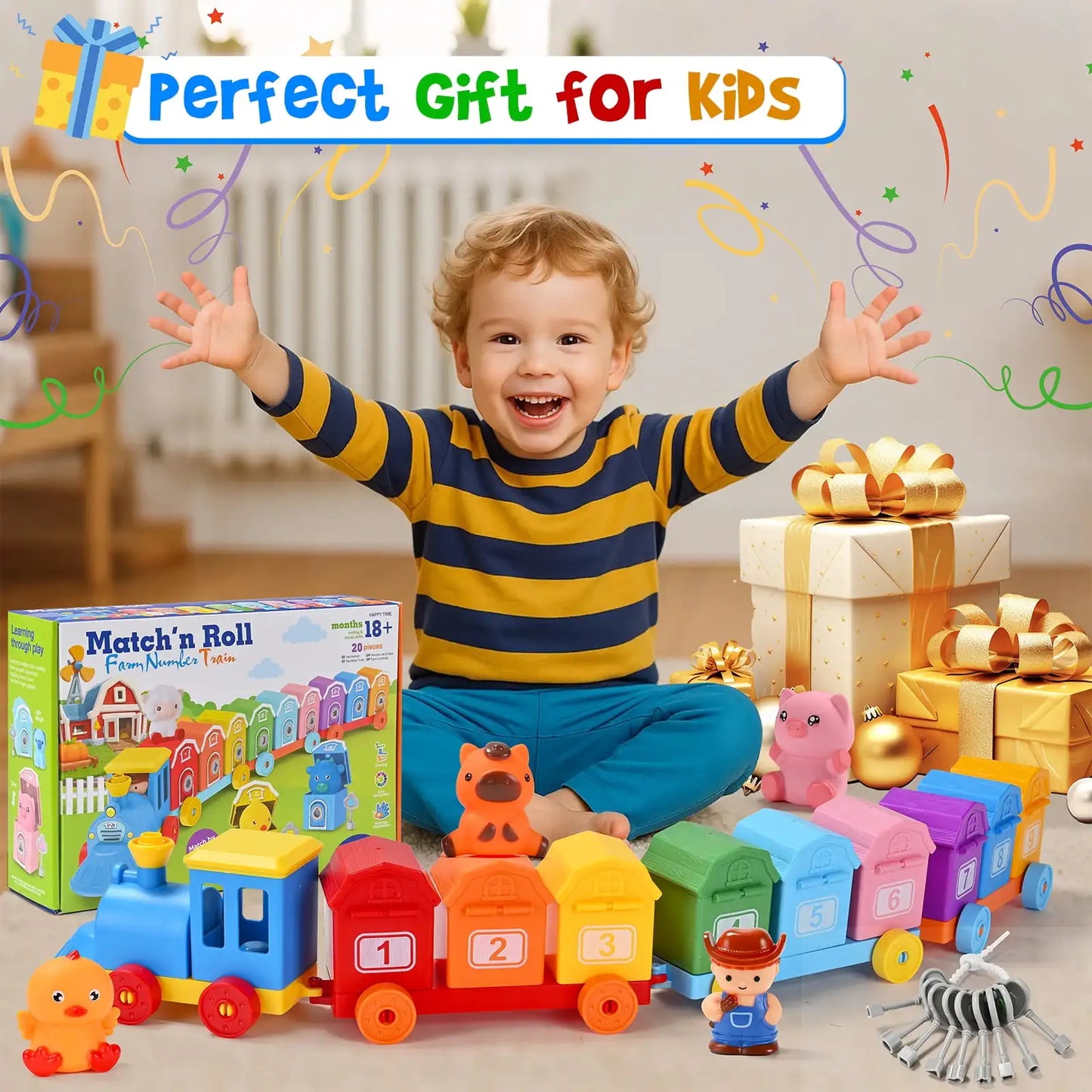 Toddler Learning Toys Farm Animals Train Set with Finger Puppets, Color Matching Toy Unlock Barns Fine Motor Game Counting Toys