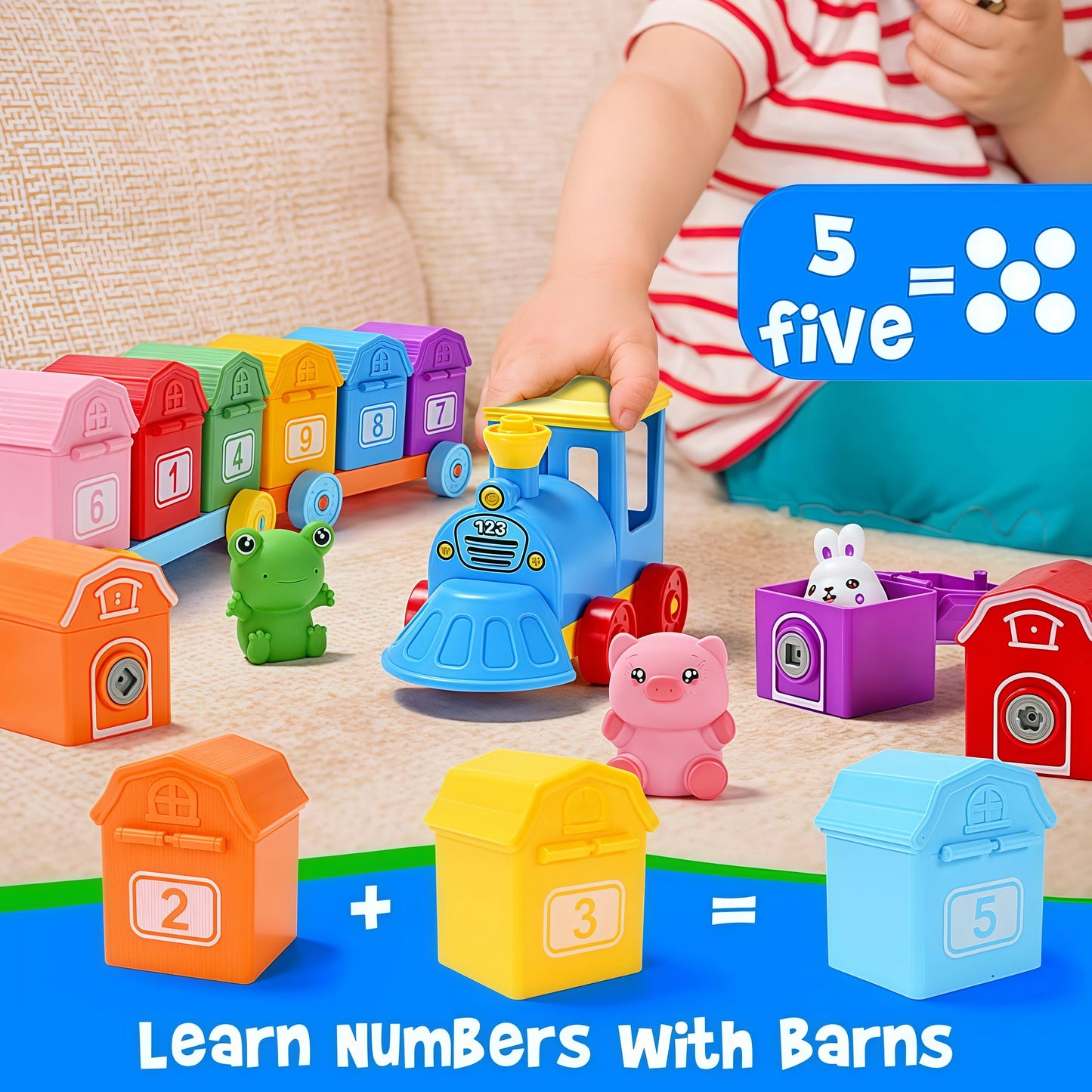 Toddler Learning Toys Farm Animals Train Set with Finger Puppets, Color Matching Toy Unlock Barns Fine Motor Game Counting Toys