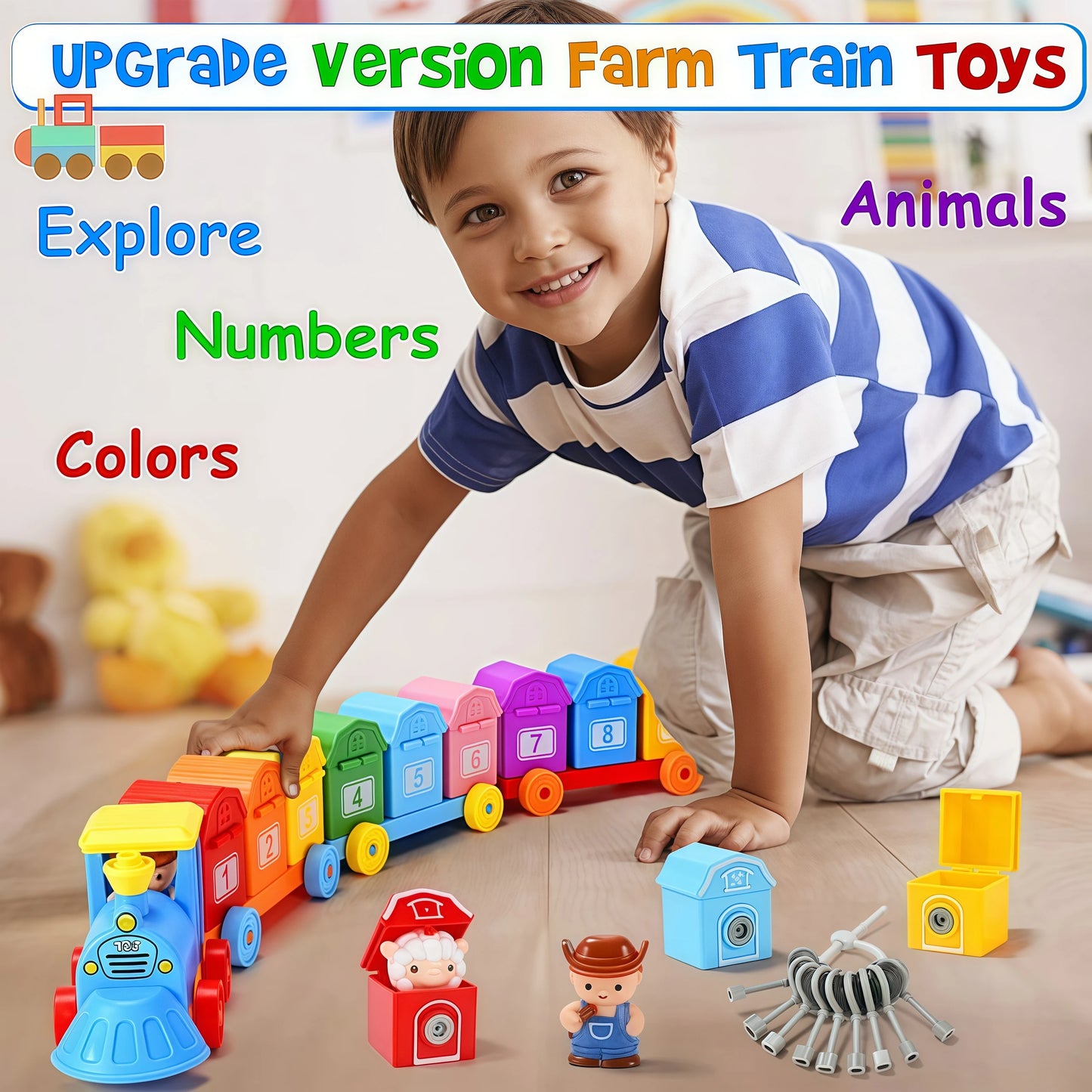 Toddler Learning Toys Farm Animals Train Set with Finger Puppets, Color Matching Toy Unlock Barns Fine Motor Game Counting Toys