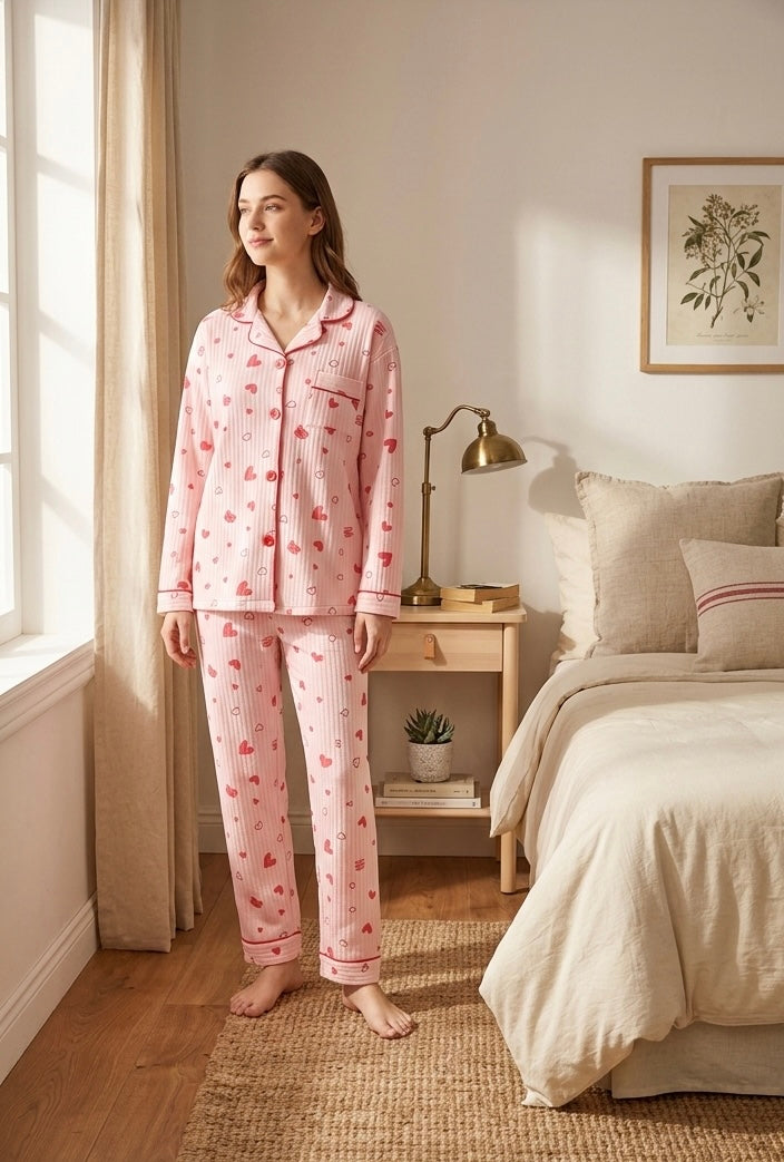 Simple Style Air Cotton Heart Shaped Sleepwear Thickened Long Sleeve round Neck Short Skirt Style Sleep Pants Anti-Static