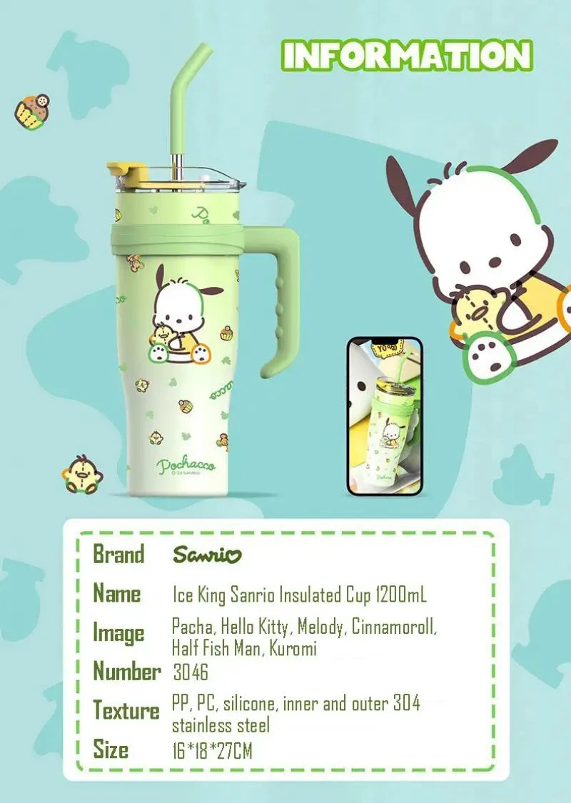 1200Ml Hello Kitty Kuromi Cinnamoroll Melody Thermos Water Bottle Cute Large Capacity Straw Cup Steel Kids Birthday Gift
