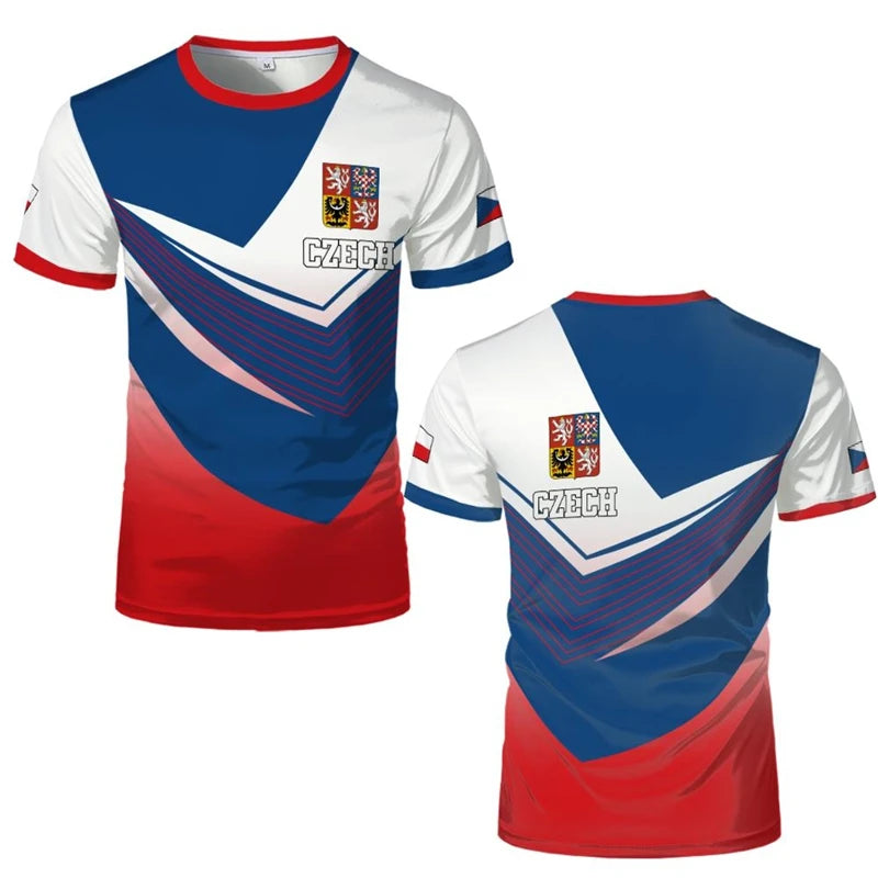 Czech Republic Flag Football T Shirts Czech Republic National Emblem 3D Printed Sports T-shirts Loose Breathable Crew Neck Tees