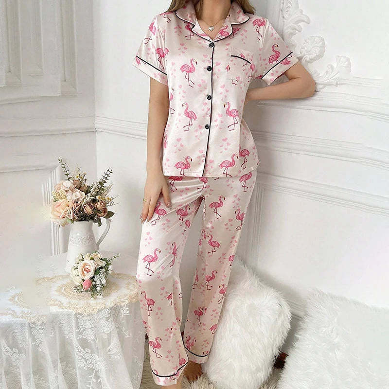 2026 New Women's Pajamas Sets Short Sleeve Buttons Top & Pants Sleepwear 2 Piece Button-Down Pj Set Homewear Satin Loungewear
