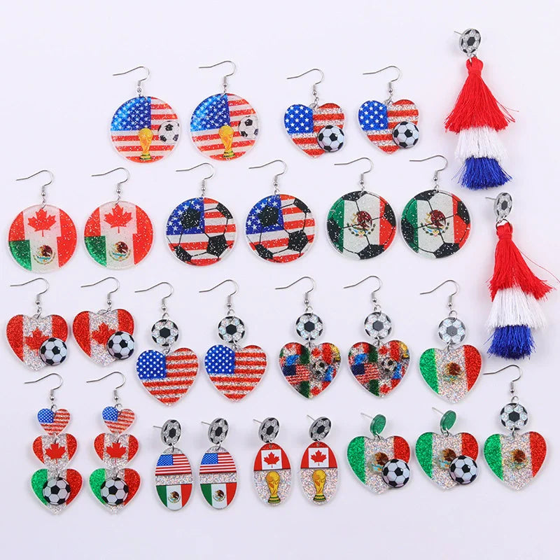 New USA, Canada, Mexico Football National Flag Elements Celebration Earrings Tassel Round Acrylic Earrings Sports Style Earrings
