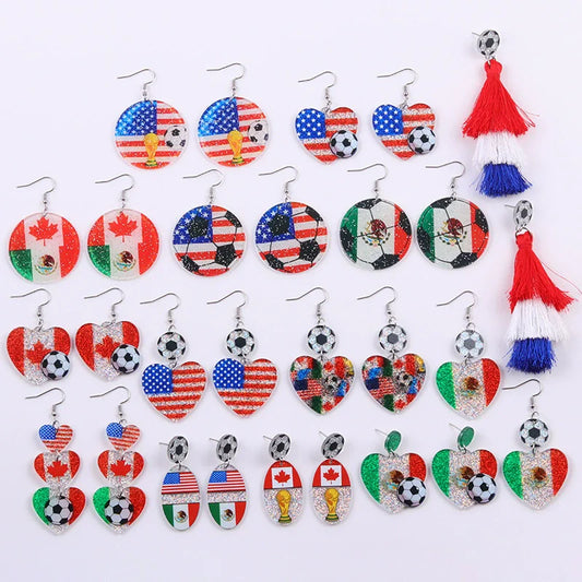 New USA, Canada, Mexico Football National Flag Elements Celebration Earrings Tassel Round Acrylic Earrings Sports Style Earrings