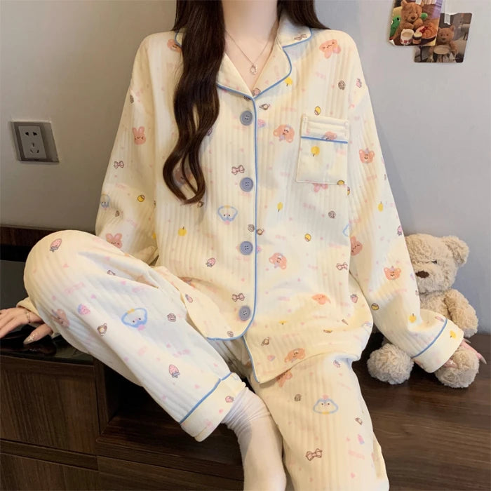 Two-Piece Set Ladies Pajamas Set Long-Sleeved Cartoon Sweet Cute Print Cardigan Home Wear Simple Sleepwear Winter Autumn New