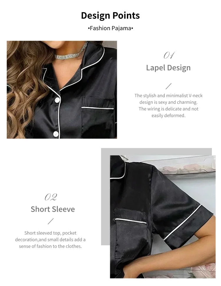 2026 New Women's Pajamas Sets Short Sleeve Buttons Top & Pants Sleepwear 2 Piece Button-Down Pj Set Homewear Satin Loungewear