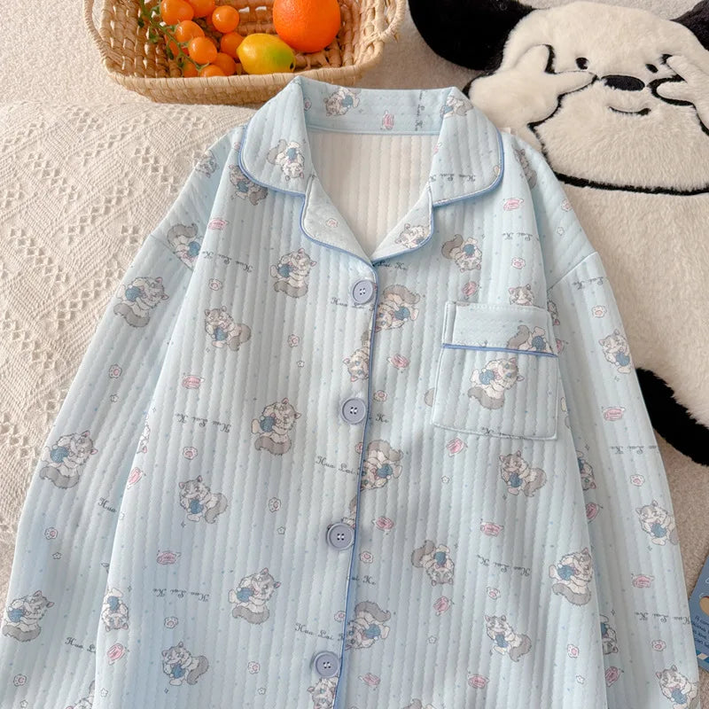 Cute Little Cat Sleepwear Thickened Air Cotton Korean Style Comfortable Sleep Pants Long Sleeve round Neck Spring Summer Autumn