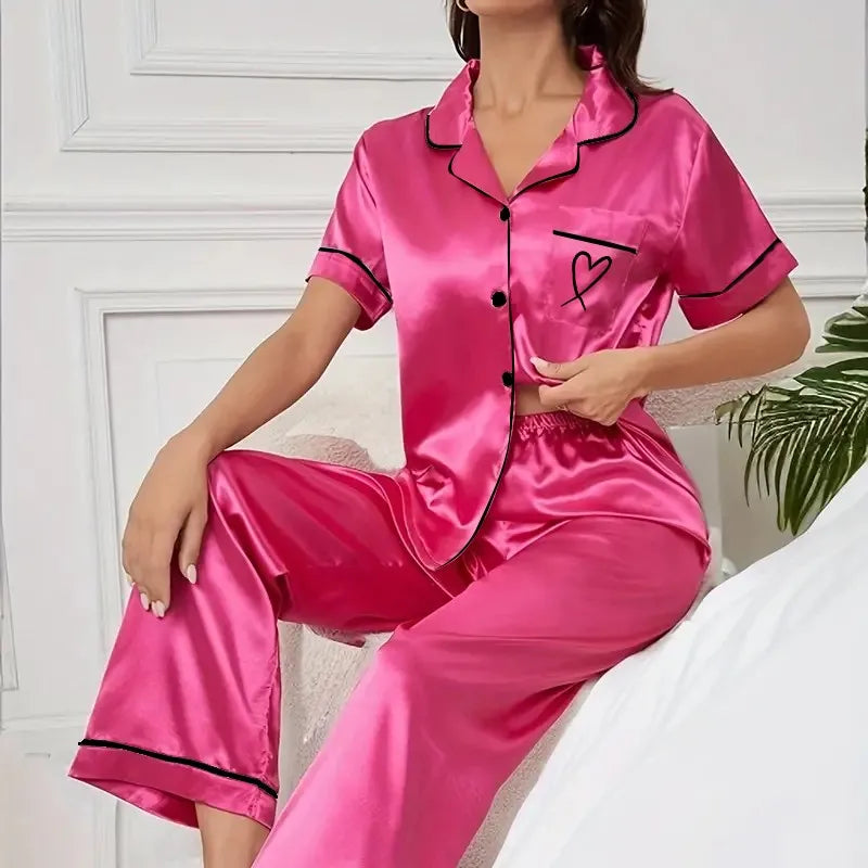 2026 New Women's Pajamas Sets Short Sleeve Buttons Top & Pants Sleepwear 2 Piece Button-Down Pj Set Homewear Satin Loungewear