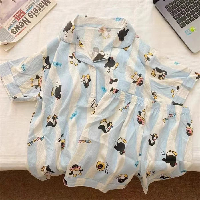 Penguin Print Women Autumn Two Piece Pajama Set Long Sleeve V Neck Top & Elastic Waist Pants 2 Pieces Female Sleepwear Nightwear