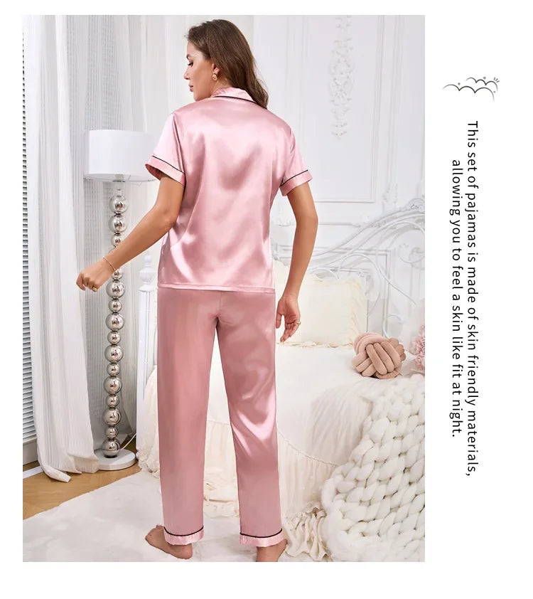 2026 New Women's Pajamas Sets Short Sleeve Buttons Top & Pants Sleepwear 2 Piece Button-Down Pj Set Homewear Satin Loungewear