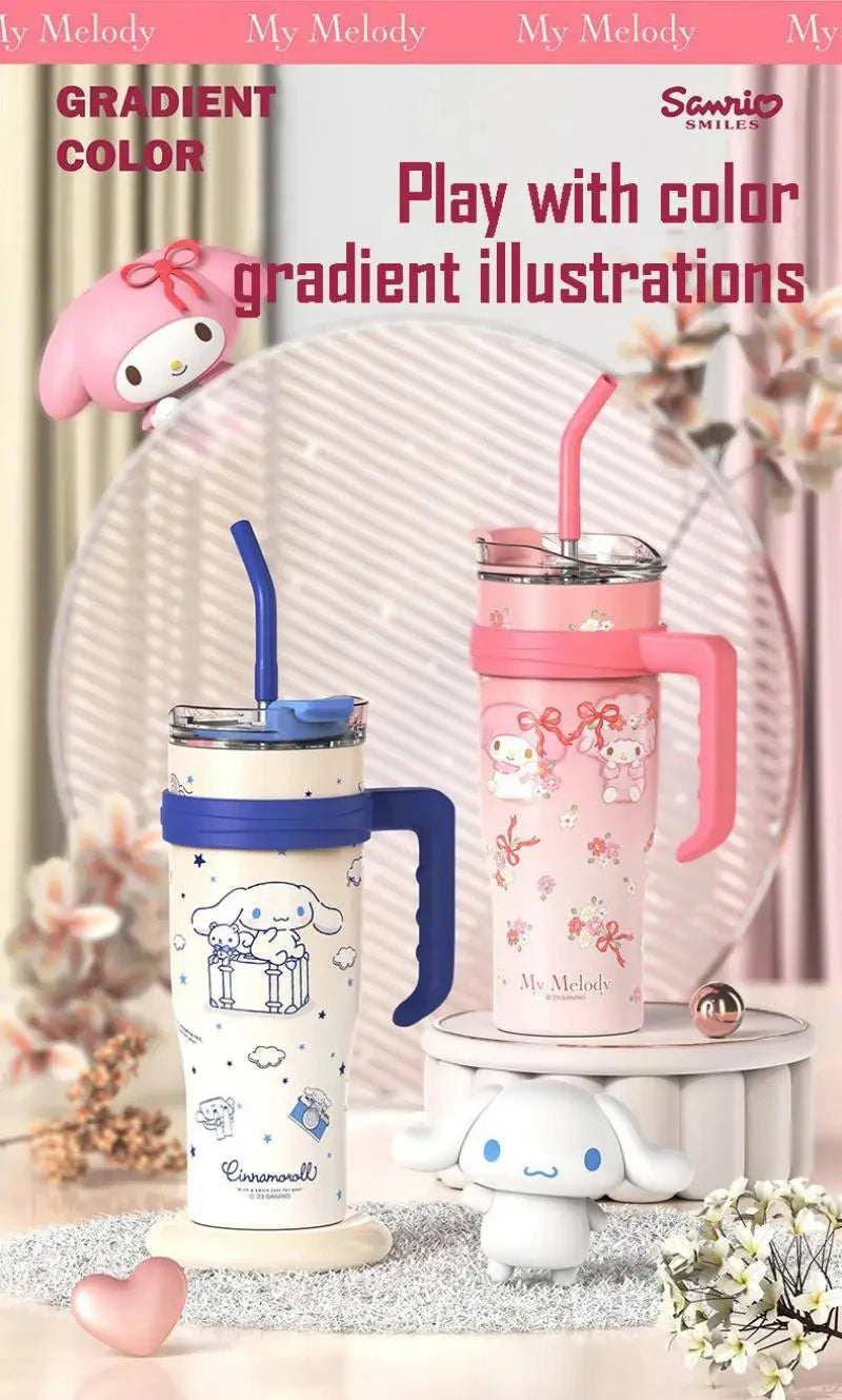 1200Ml Hello Kitty Kuromi Cinnamoroll Melody Thermos Water Bottle Cute Large Capacity Straw Cup Steel Kids Birthday Gift
