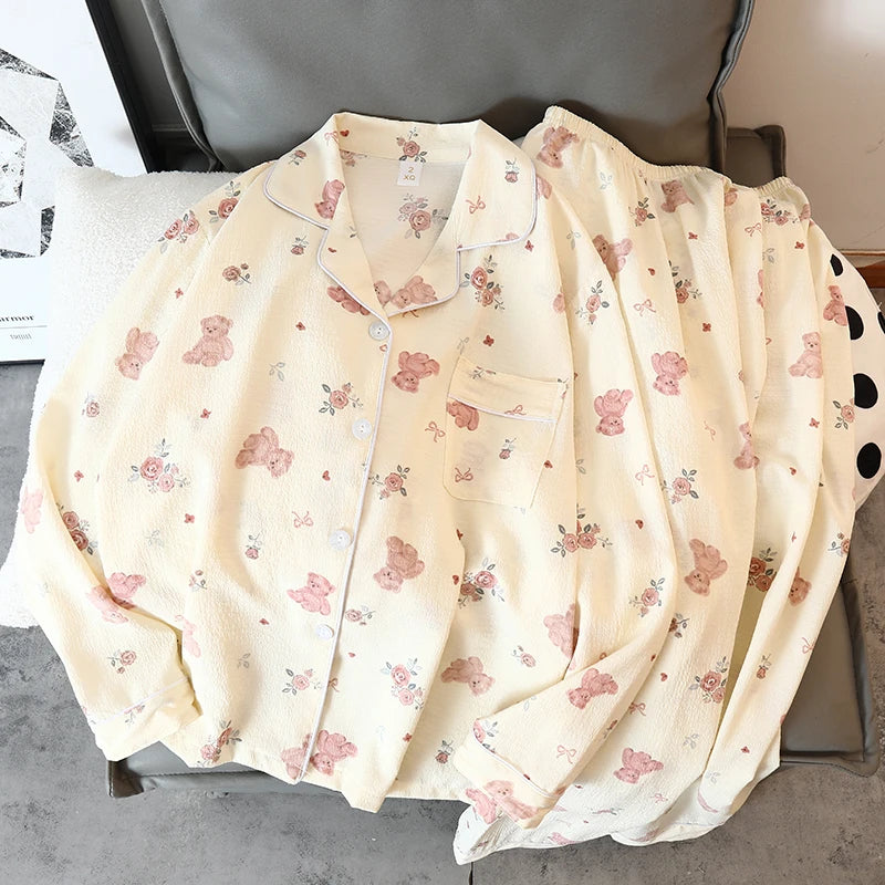 Women's Pajamas Set Y2K Cartoon Bear Flower Print Autumn Pajamas for Women Kawaii New Harajuku Style Casual Homewear Sleepwear
