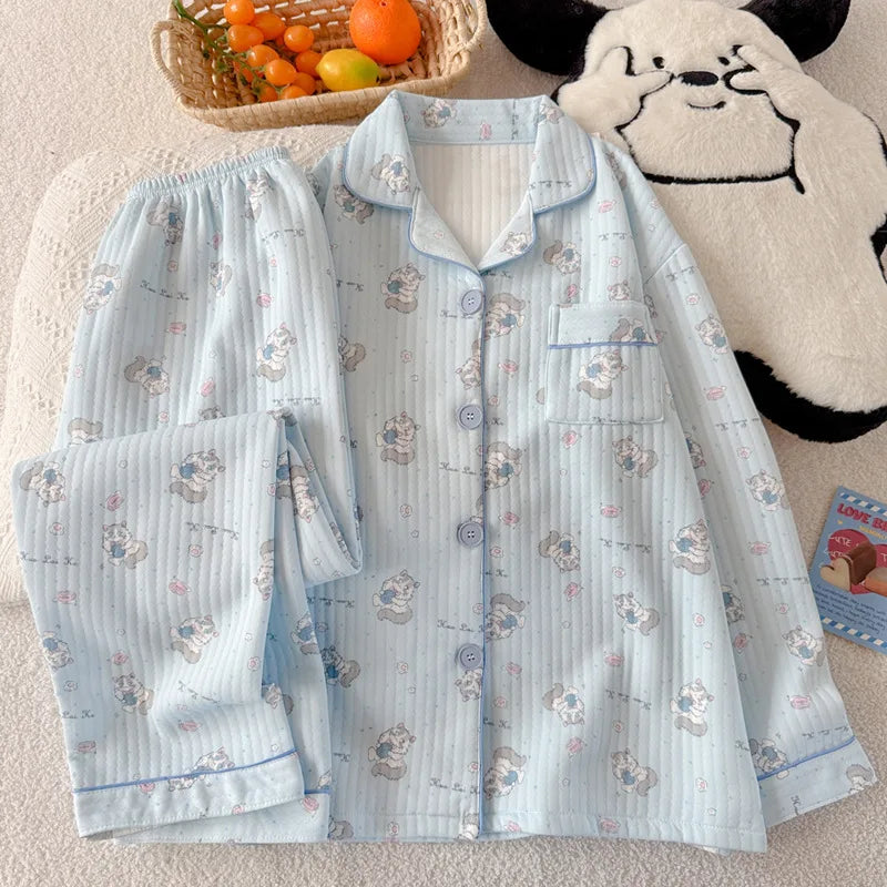 Cute Little Cat Sleepwear Thickened Air Cotton Korean Style Comfortable Sleep Pants Long Sleeve round Neck Spring Summer Autumn
