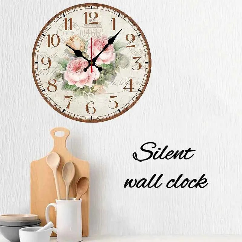 Antique Rose Wooden Round Silent Hanging Wall Clock, Suitable For Living Room, Office, Study Room, Bedroom, Home Decoration