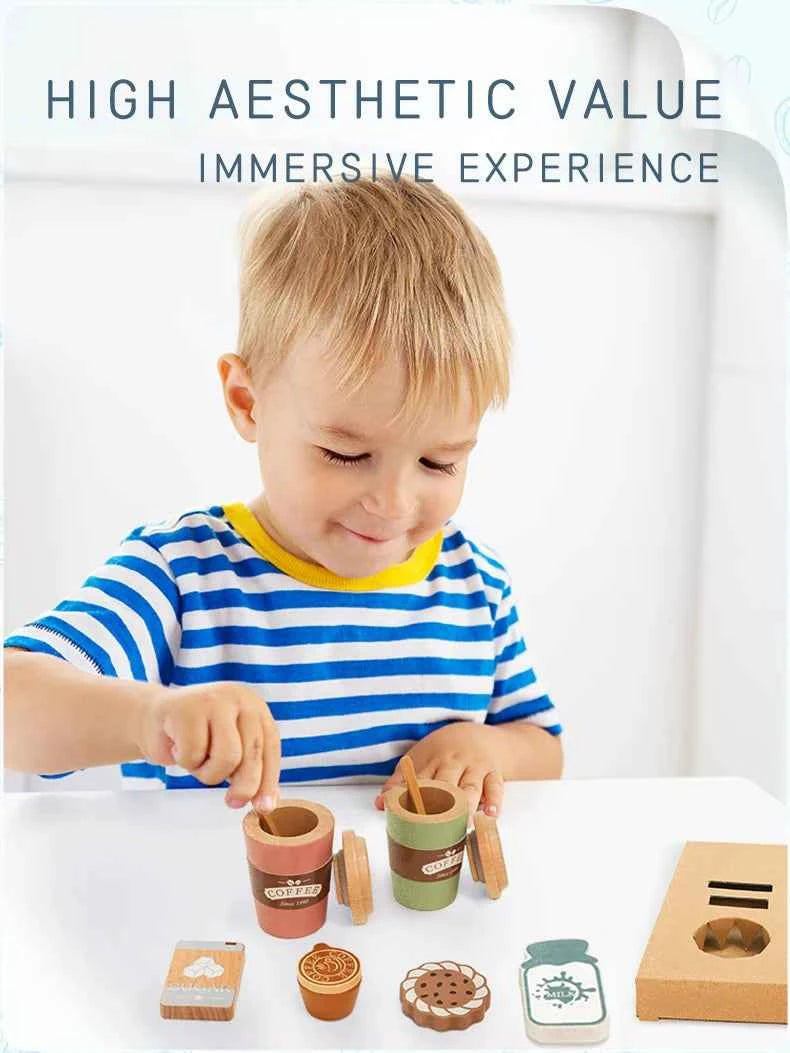 Kids Wooden Coffee Toy Set Toddler Pretend Play Kitchen Accessories Gift for Children House Play Early Educational Toys for Kids