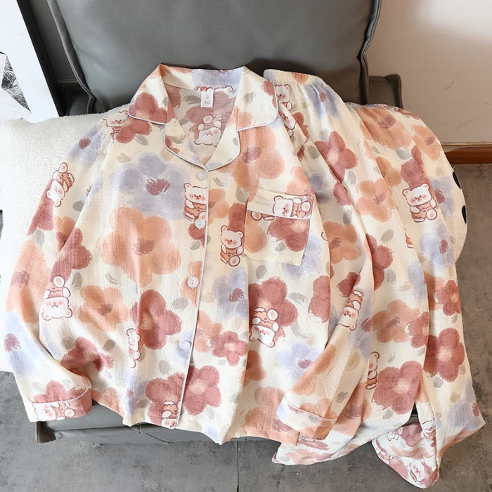 Women's Pajamas Set Y2K Cartoon Bear Flower Print Autumn Pajamas for Women Kawaii New Harajuku Style Casual Homewear Sleepwear