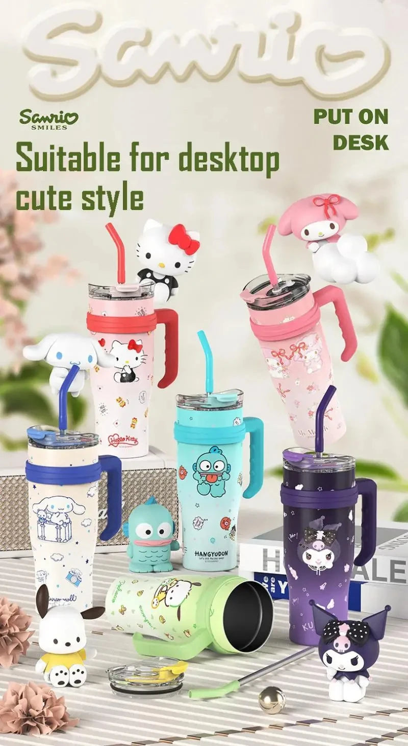 1200Ml Hello Kitty Kuromi Cinnamoroll Melody Thermos Water Bottle Cute Large Capacity Straw Cup Steel Kids Birthday Gift