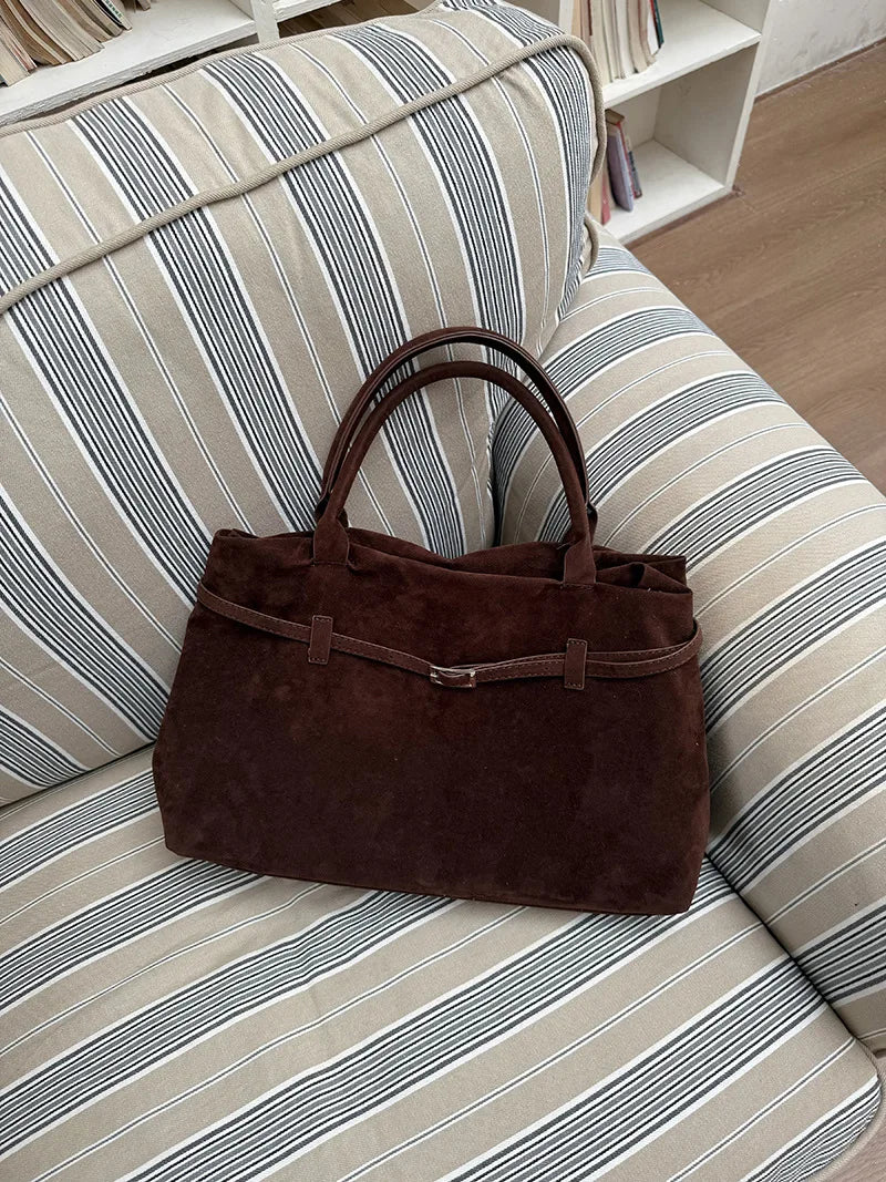 Retro Matte Suede Purse Handbags for Women Large Capacity Fall Winter Casual Tote Bag Belt Design Female Work Shoulder Bags