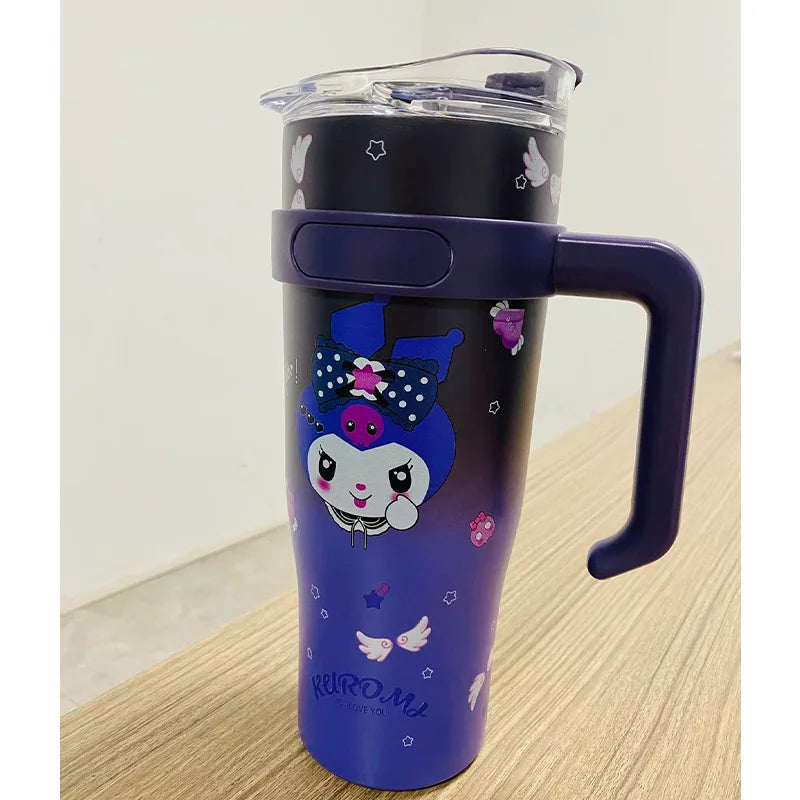 1200Ml Hello Kitty Kuromi Cinnamoroll Melody Thermos Water Bottle Cute Large Capacity Straw Cup Steel Kids Birthday Gift
