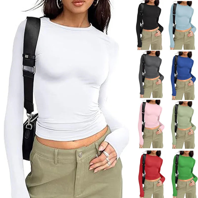 Fashion Long Sleeve Crew Neck Solid Slim Fit Tee Women T-shirt Crop Top