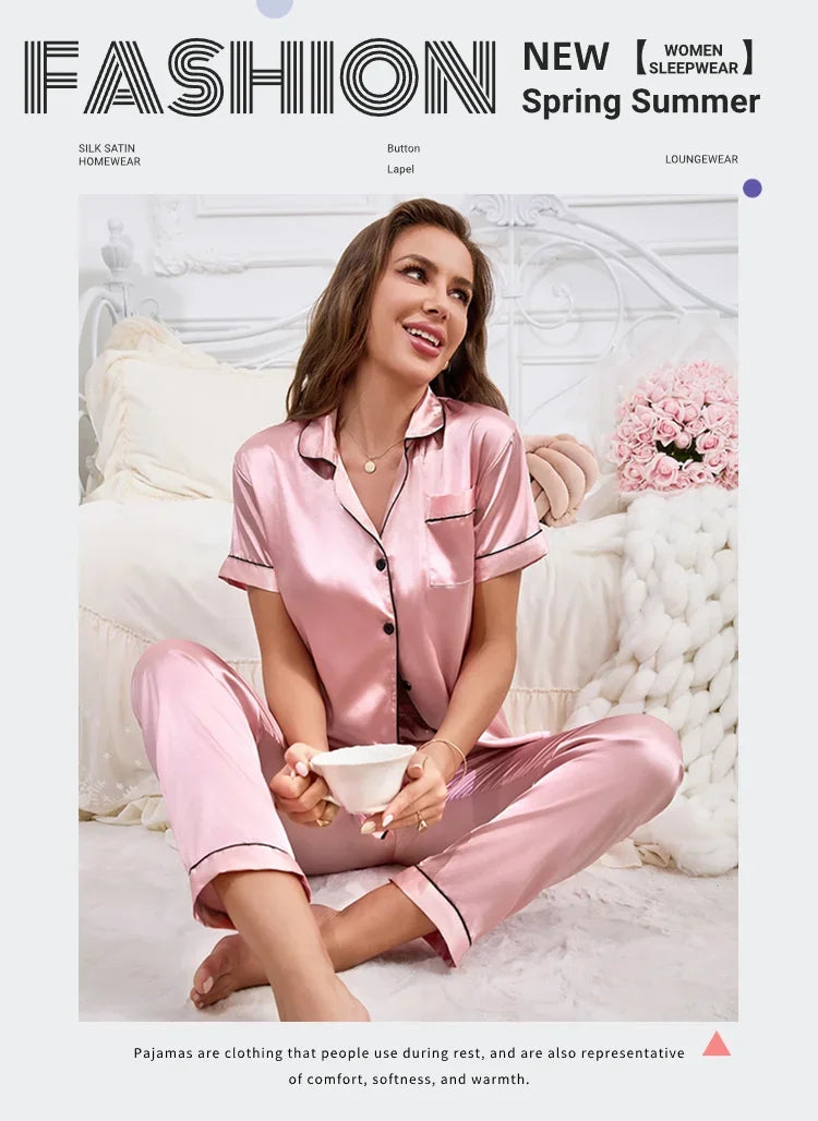 2026 New Women's Pajamas Sets Short Sleeve Buttons Top & Pants Sleepwear 2 Piece Button-Down Pj Set Homewear Satin Loungewear